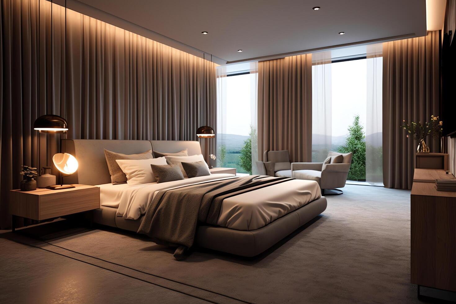 Modern bedroom interior design in apartment or house with furniture. Luxury bedroom scandinavian concept by AI Generated photo