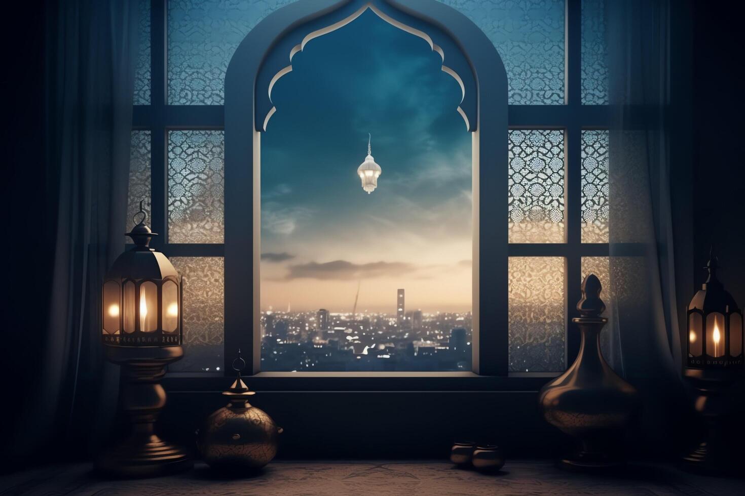 Eid mubarak and ramadan kareem greetings with islamic lantern and mosque. Eid al fitr background. Eid al fitr background of window concept by photo
