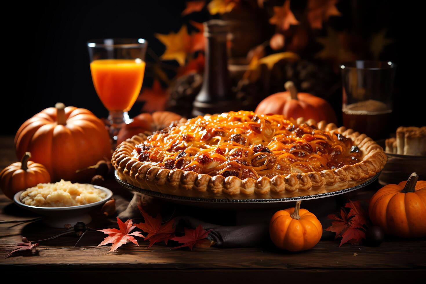 Thanksgiving day meal with pie, pumpkin, oranges, or roasted chicken in oven form. Thanksgiving food concept by photo