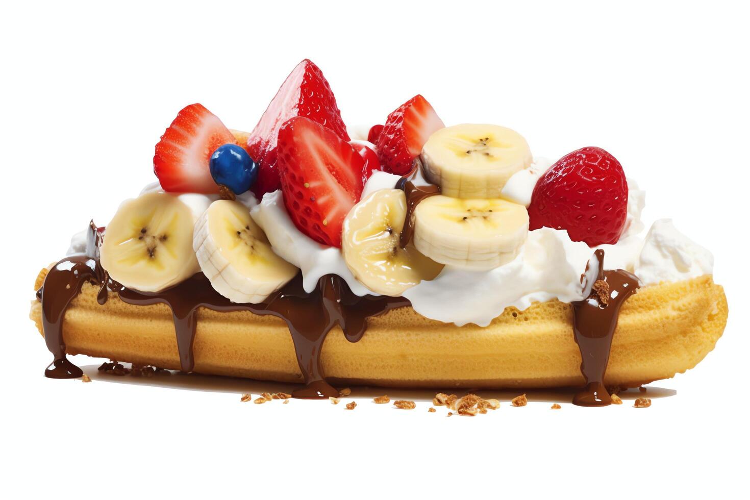 A delicious Banana split ice cream dessert with chocolate syrup. Banana split ice cream dessert by photo