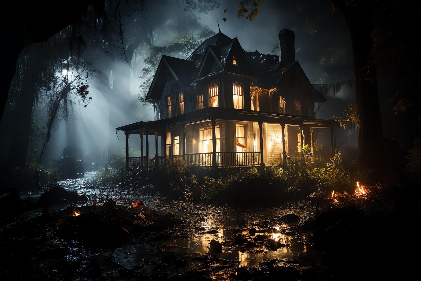 Haunted house on halloween celebration concept. Spooky house halloween background with deserted building and pumpkin. Scary house with creepy building at night by AI generated photo