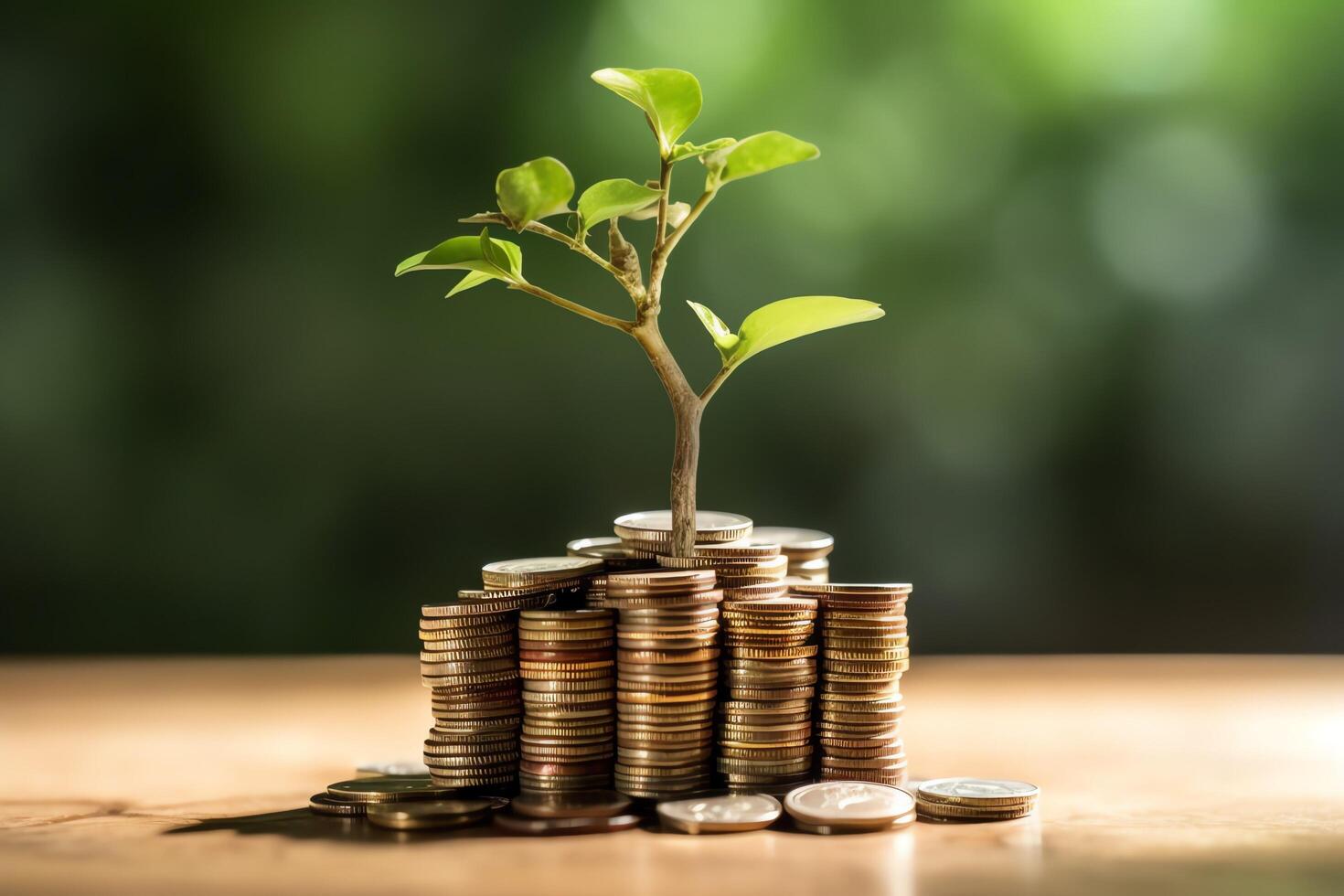 negocio crecimiento con un creciente árbol en un moneda. demostración financiero desarrollos financiero planificación concepto por ai generado foto