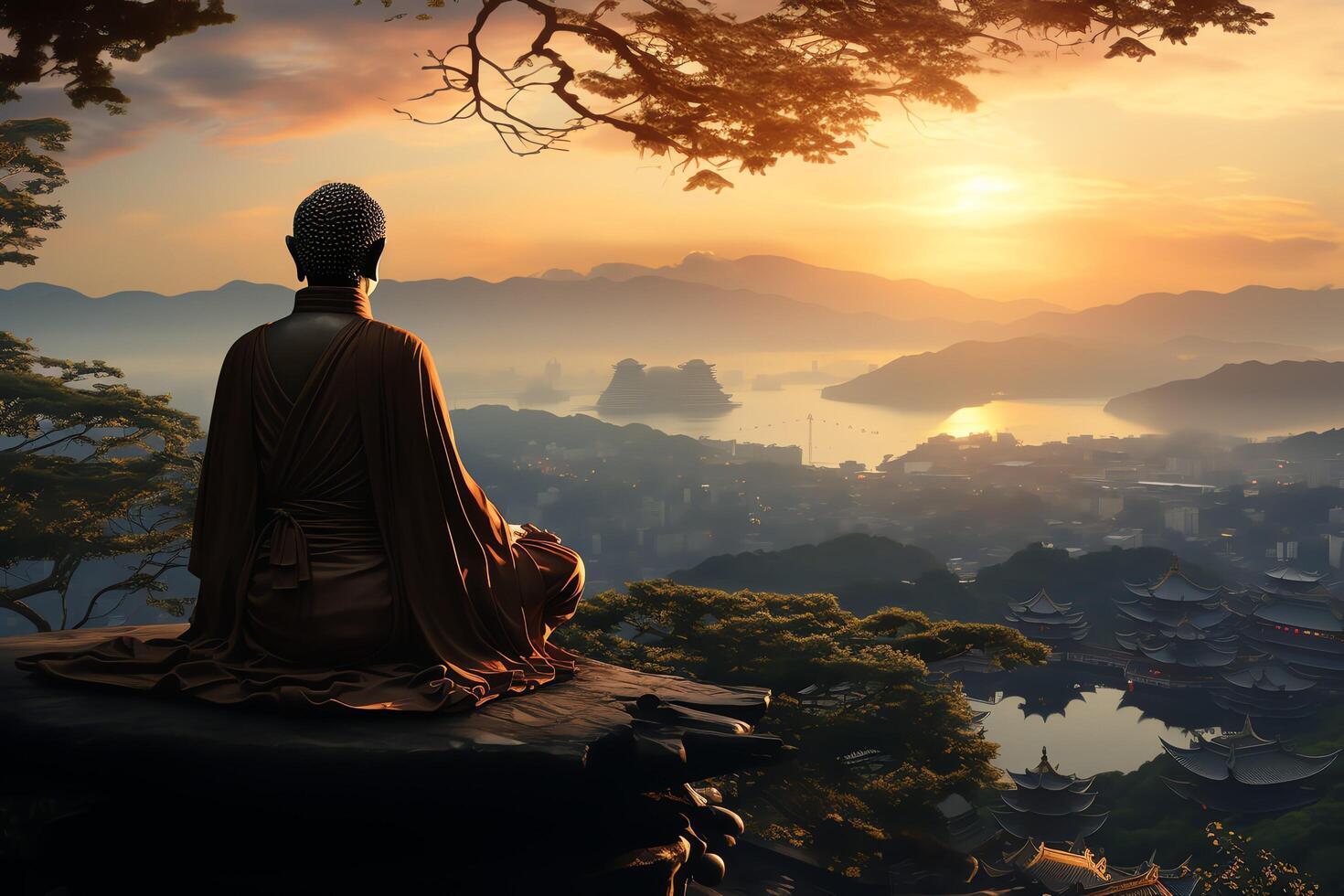 A buddha sits in the mountain with a lotus and candles. Background for vesak celebration. Vesak day concept. Vesak celebration day greetings concept by photo