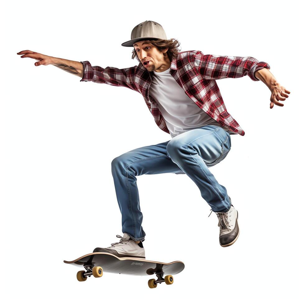 A caucasian man doing tricks or jumping on a skateboard at the street. Young man with skater jumping concept by photo