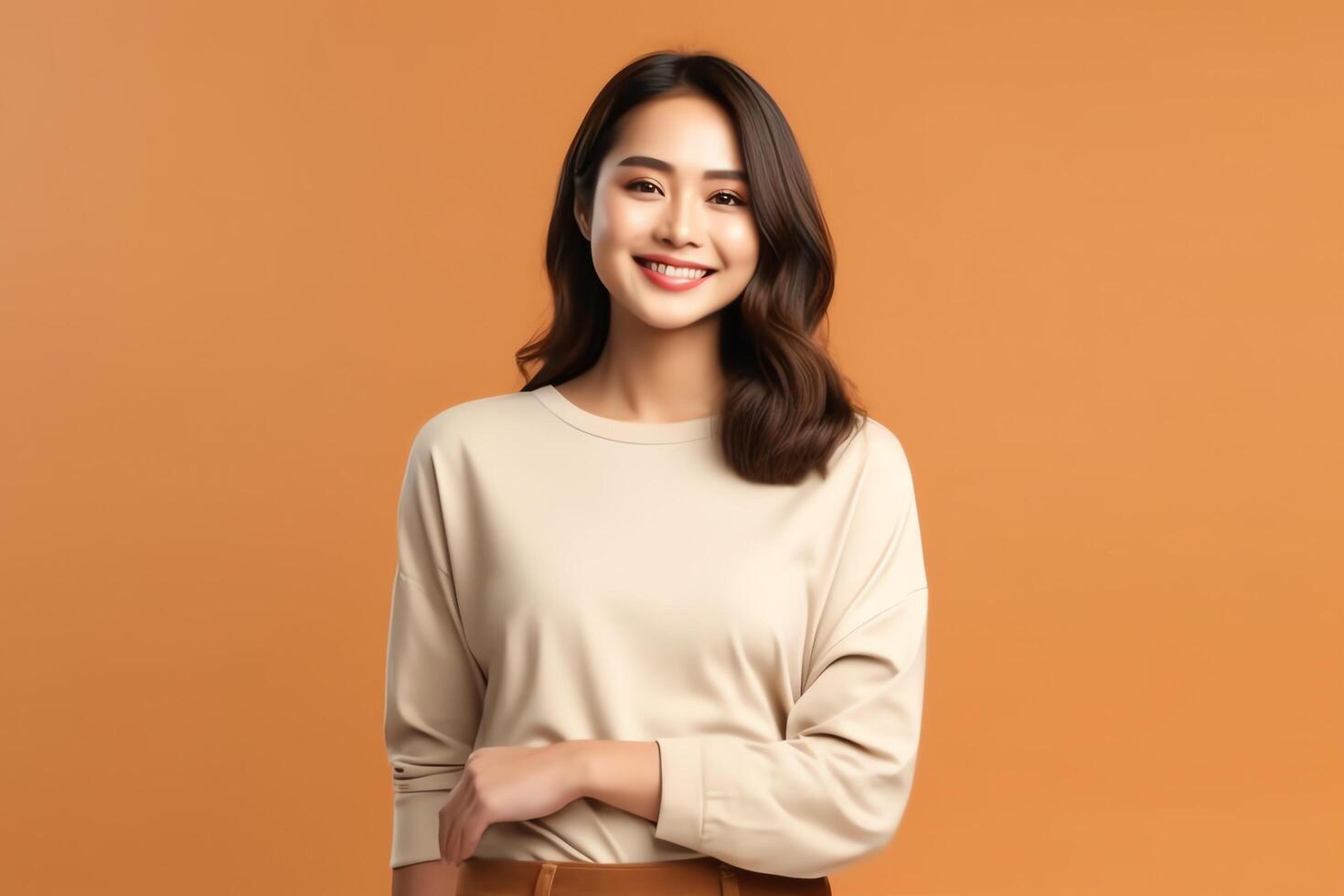 Beautiful asian woman in casual with smile cheerful. Studio shot asian woman standing hand gesture concept by photo