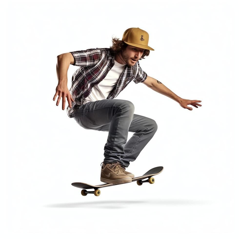 A caucasian man doing tricks or jumping on a skateboard at the street. Young man with skater jumping concept by photo