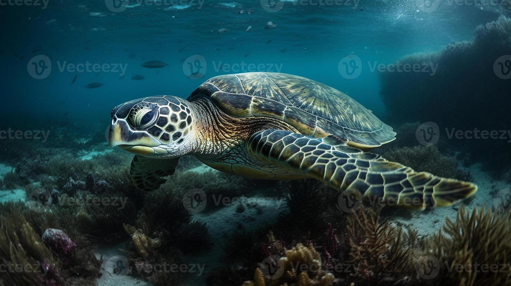 Sea turtle swimming with beautiful fish and it is very clear wide view photography AI Generated Image photo