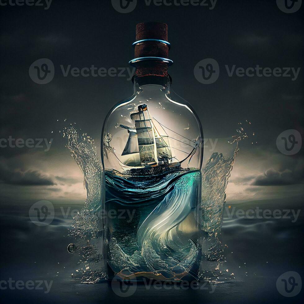 fotografía de un Embarcacion dentro de un botella en el Oceano ai generado foto