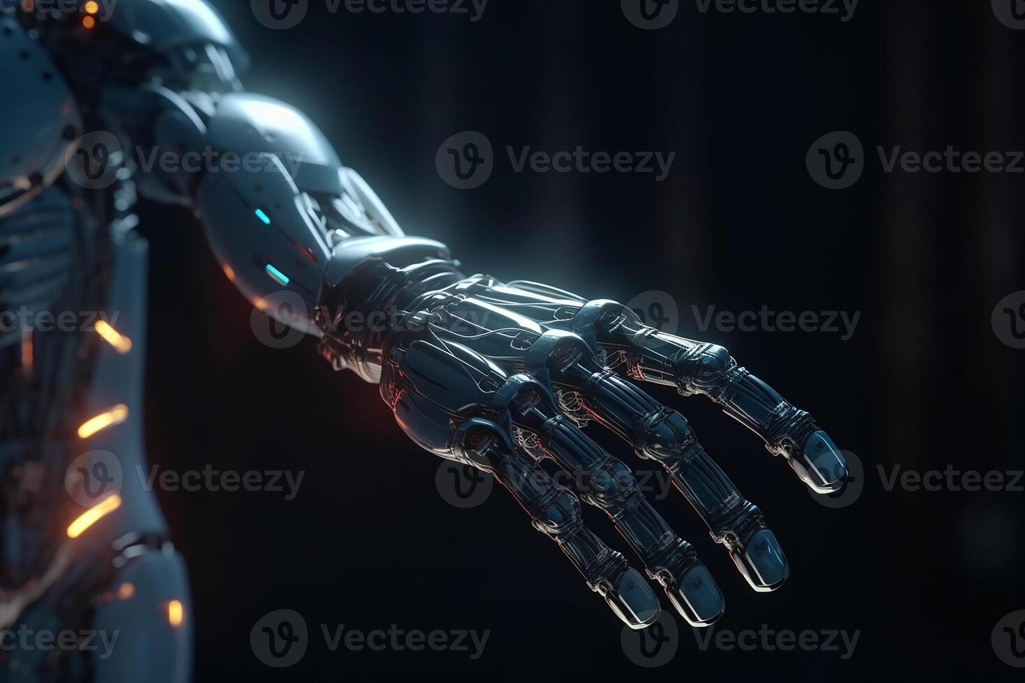 Robot and man hands in handshake ai technology holographic AI Generated Image photo