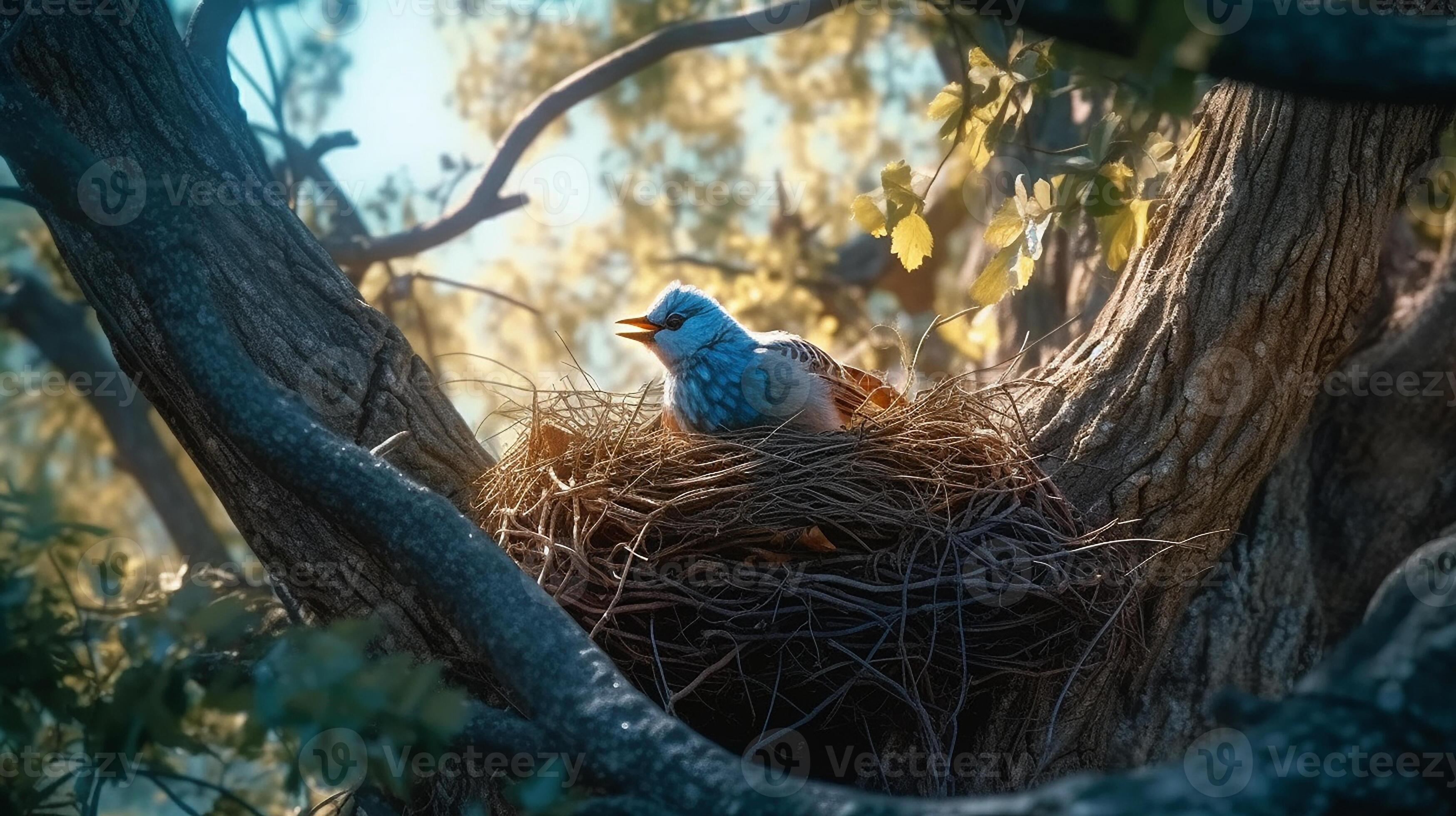 A Nice fat blue bird making a nest low in the branches of an elm tree AI Generated Image