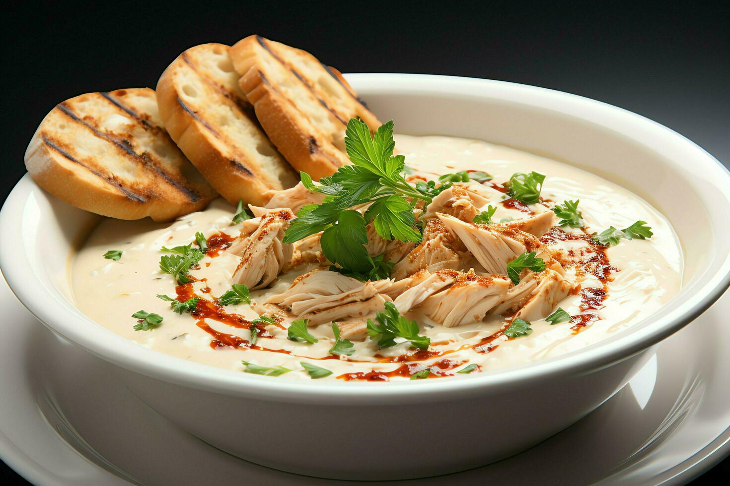 A delicious chicken soup food with vegetables in a bowl. Winter food and high protein soup meal concept by AI Generated photo