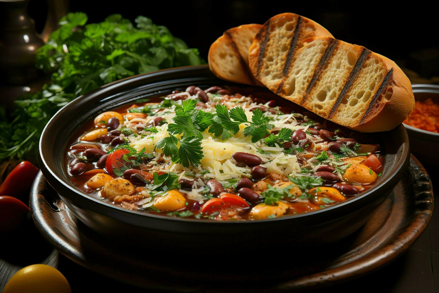 A delicious minestrone soup food in a bowl. Italian food and healthy protein soup meal concept by AI Generated photo