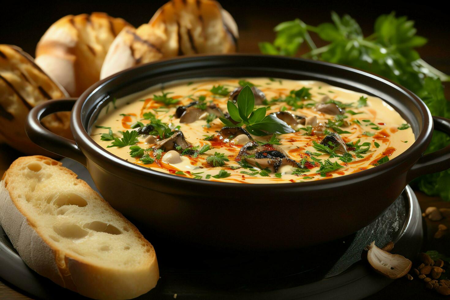 A delicious bouillabaisse soup food in a bowl. Marseille food and healthy protein soup meal concept by AI Generated photo