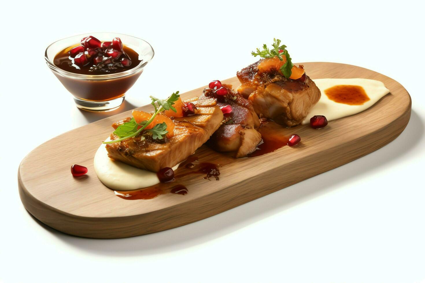 Pork belly braaivleis with mango and chili sauce served on a wooden plank. Restaurant food concept by AI Generated photo