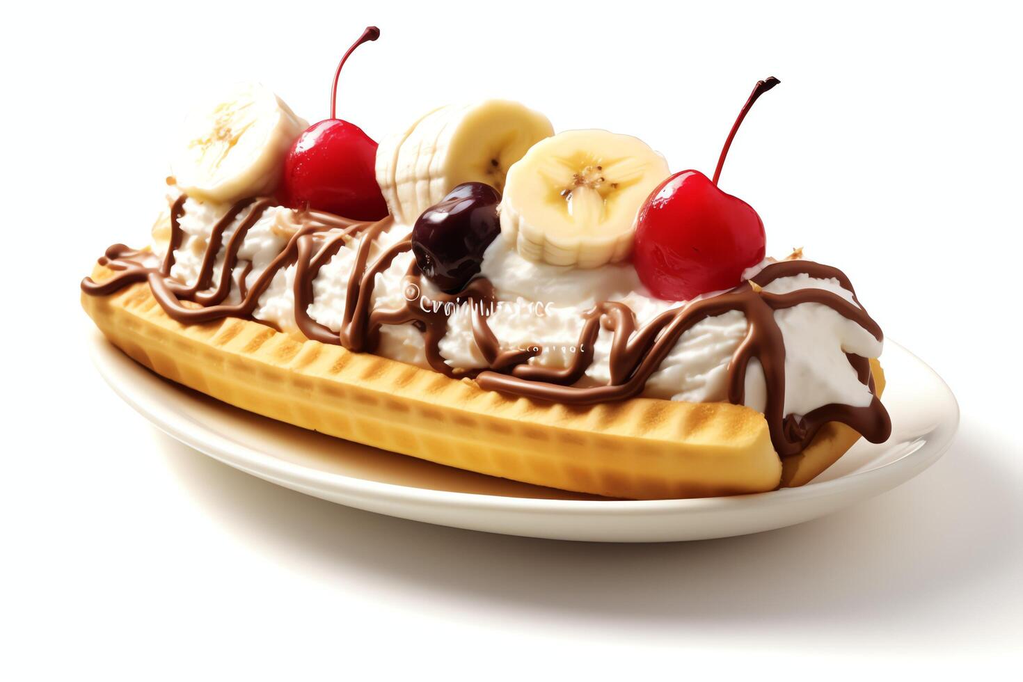 A delicious Banana split ice cream dessert with chocolate syrup. Banana split ice cream dessert by AI Generated photo