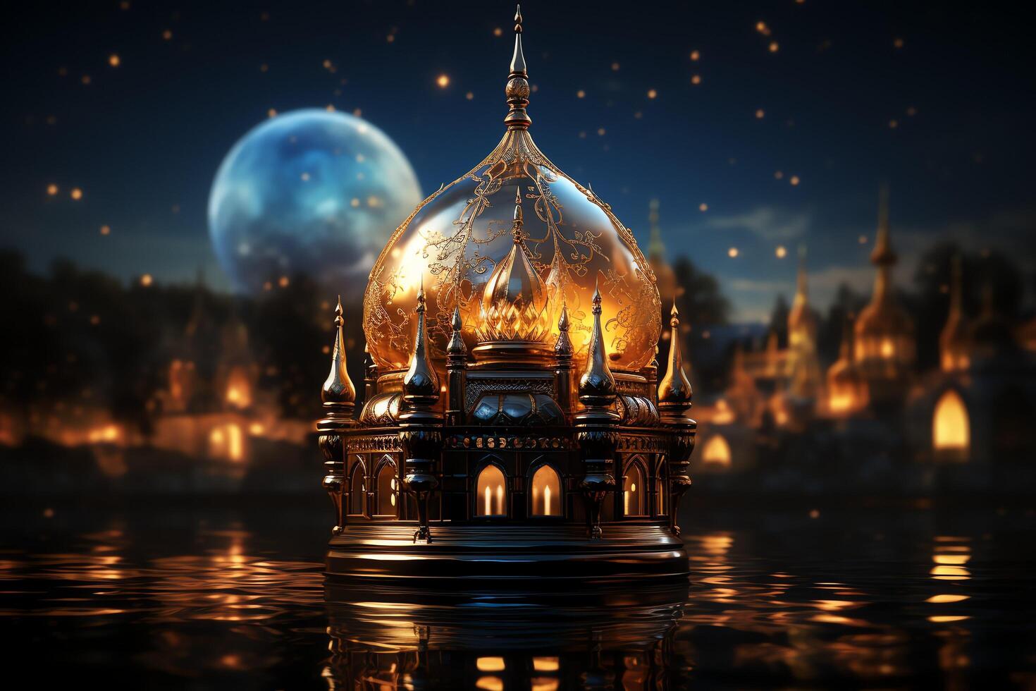Eid mubarak and ramadan kareem greetings with islamic lantern and mosque. Eid al fitr background. Eid al fitr background of window concept by photo