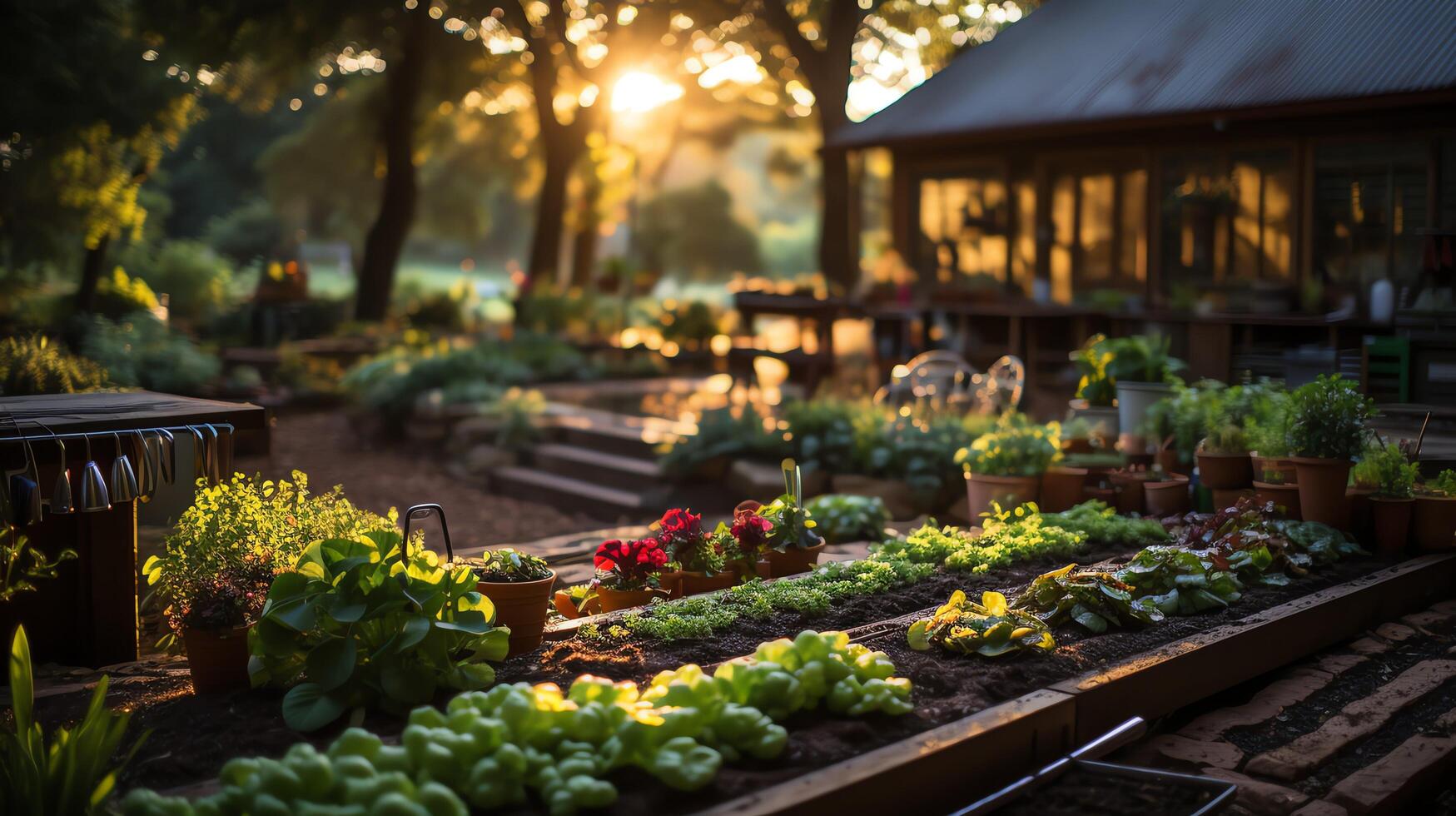 Wooden house in village with plants and flowers in backyard garden. Garden and flower on rural house concept by AI Generated photo