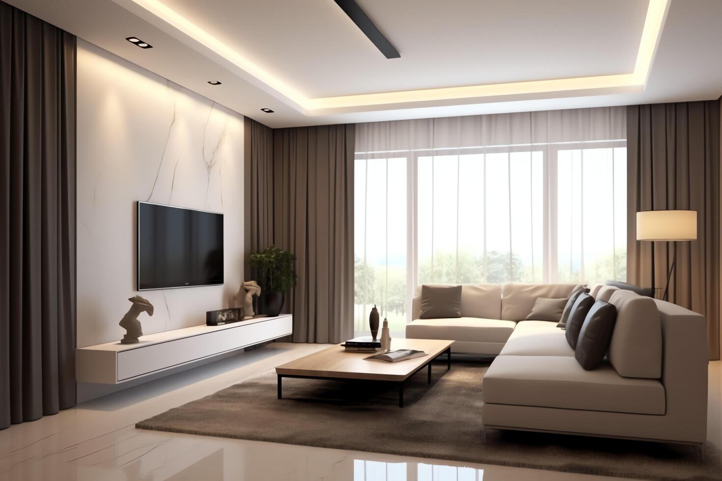 Modern apartment interior in living or bedroom design with working table, furniture, and bookshelf. Luxury home scandinavian concept by photo