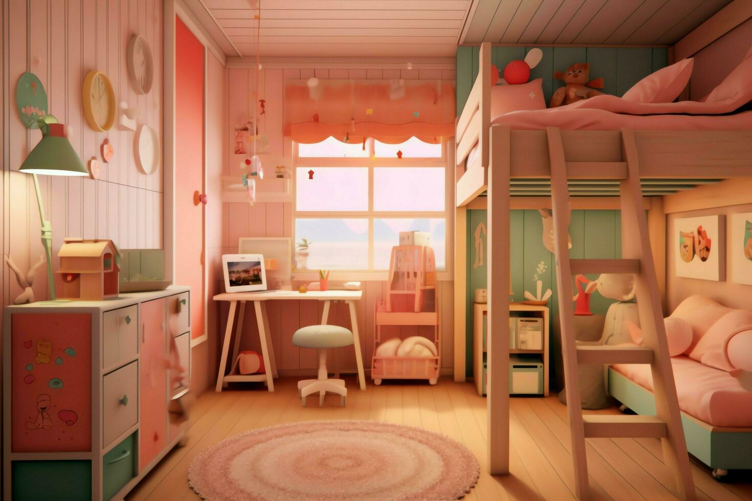 Modern child bedroom interior design in house with decoration children. Colorful children bedroom concept by AI Generated photo