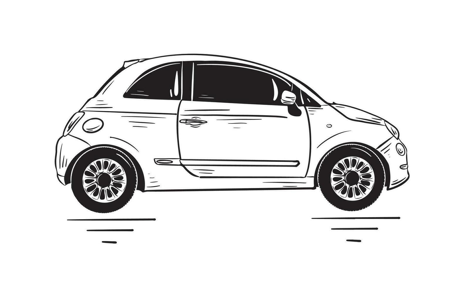 Car with black ink contour lines isolated on a white background in a cartoon and hand drawn style vector