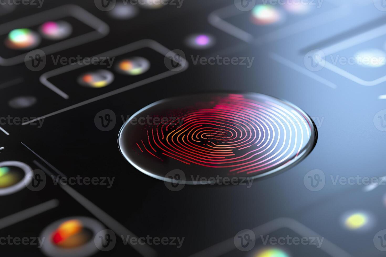 Fingerprint Authentication Button. Biometric Security. Identification and cyber security concept. Glowing neon fingerprint on dark background. photo
