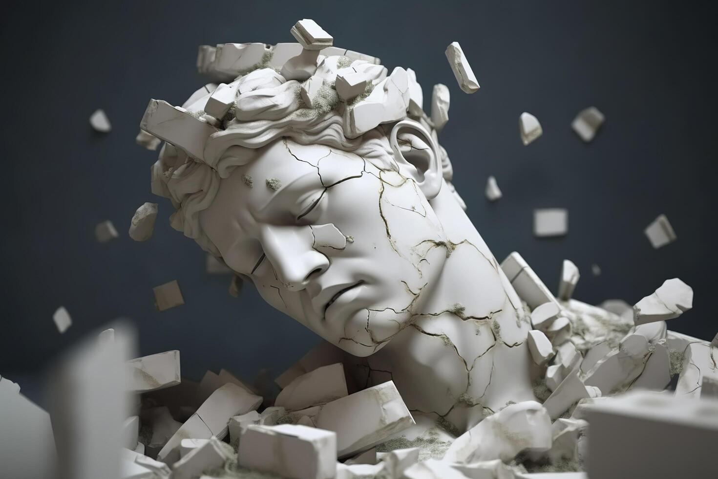 Broken ancient greek statue head falling in pieces. Broken marble sculpture, cracking bust, concept of depression, memory loss, mentality loss or illness. AI Generative photo