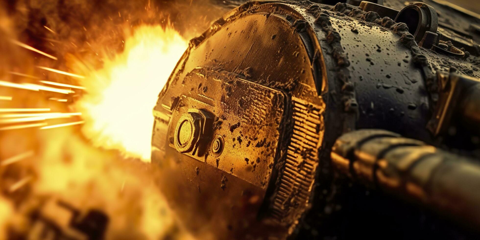 A Close Up Look at the Power and Destruction of a World War II Tank Firing Shell. AI Generative photo