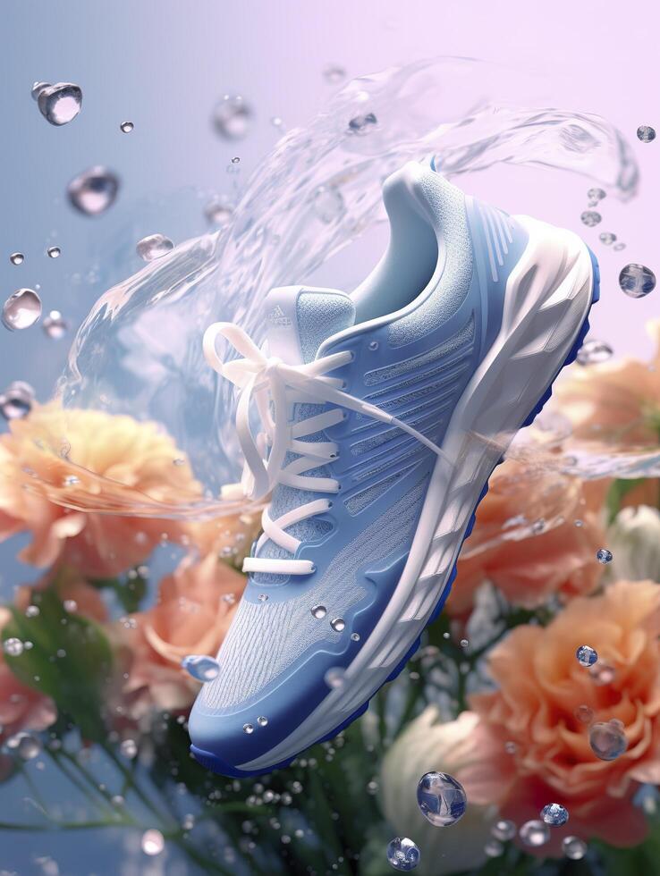 Sports shoes surrounded by transparent flowers, splashing with water droplets, emitting light white blue, photo