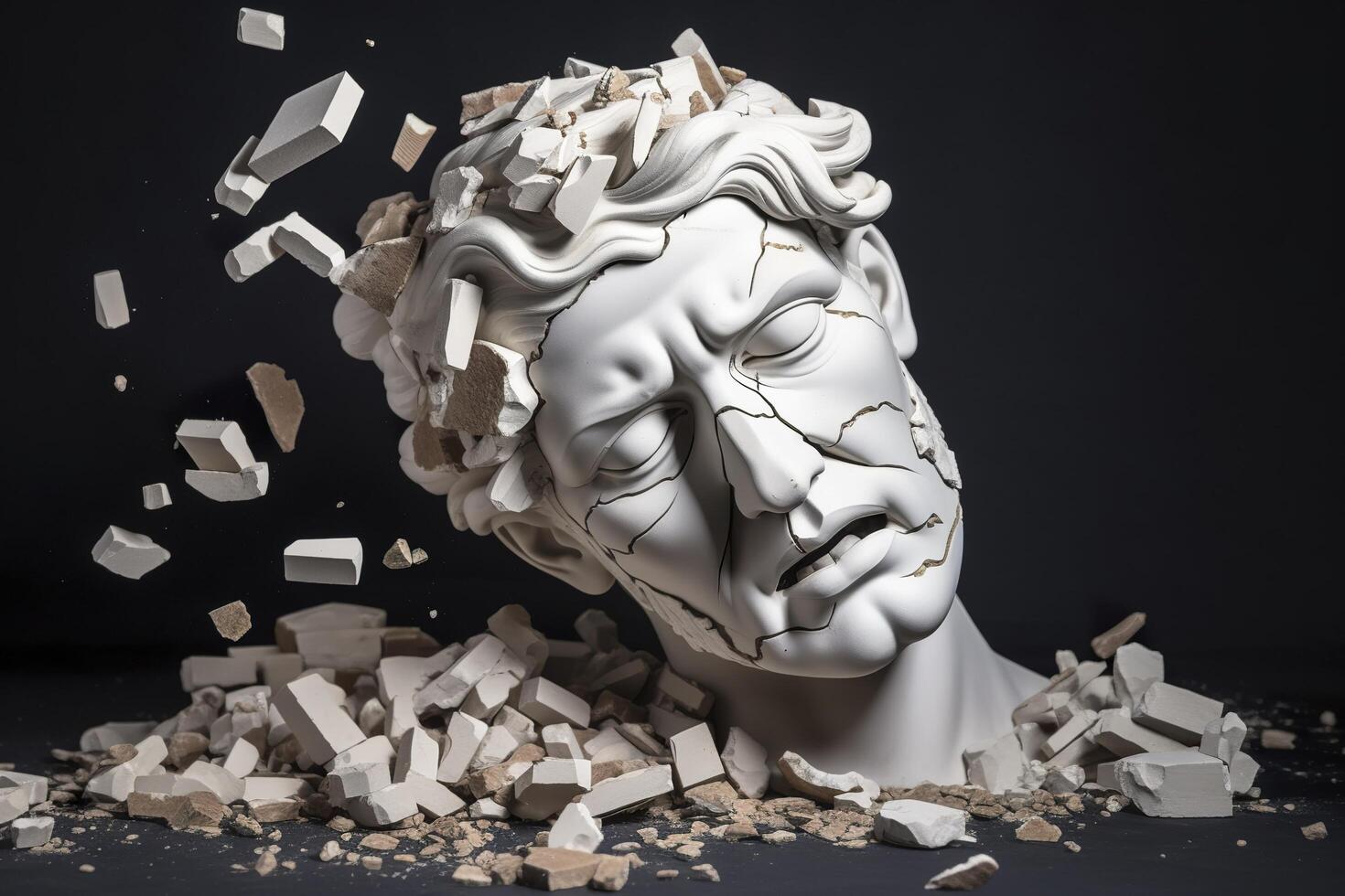 Broken ancient greek statue head falling in pieces. Broken marble sculpture, cracking bust, concept of depression, memory loss, mentality loss or illness. AI Generative photo