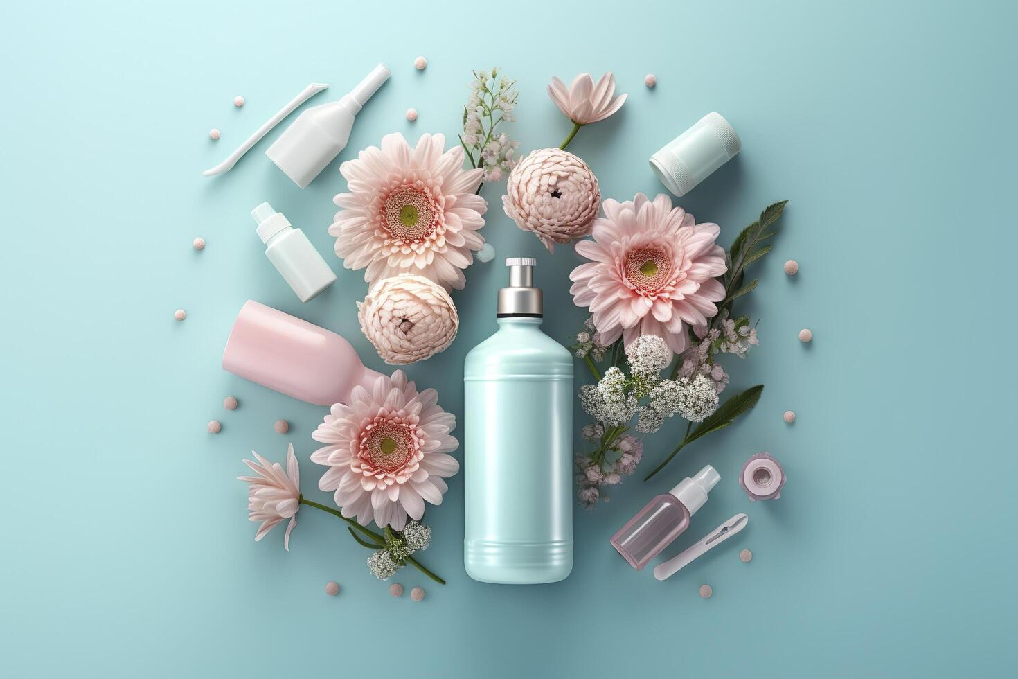 Fresh floral skincare concept. Top view flat lay of pump bottle, pipette, cream bottles, and tubes with flowers on pastel blue background with an empty circle for text or branding. photo
