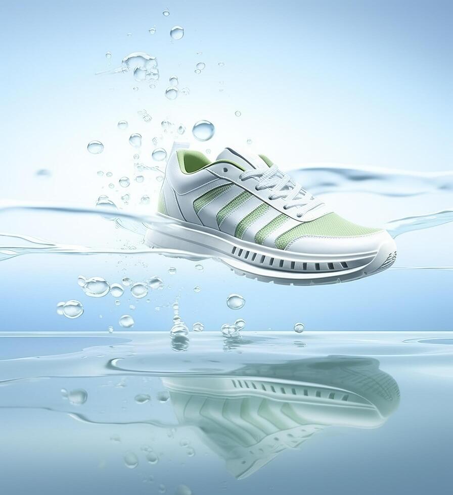 Fresh fly running shoes in water and wind in the style of natural patterns light white and light indigo ethereal illustration light blue and light green delicate still life. photo