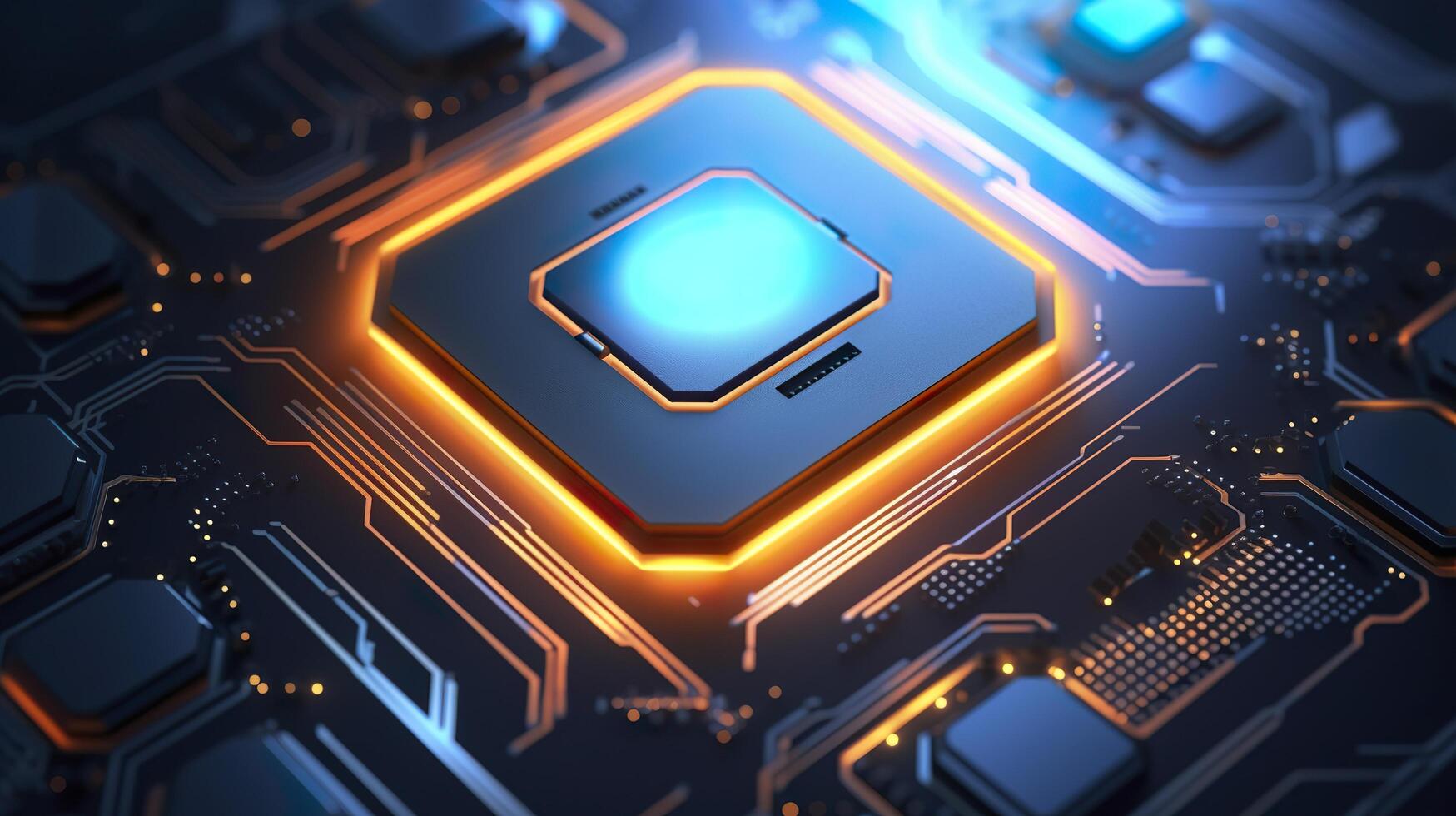 Top View of a Chip with Glowing Light and Fog in Orange and Blue. photo