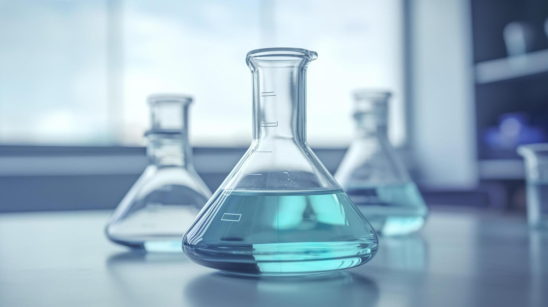 A Science Beaker in the laboratory on a table white and light blue background. laboratory equipment out of focus. photo