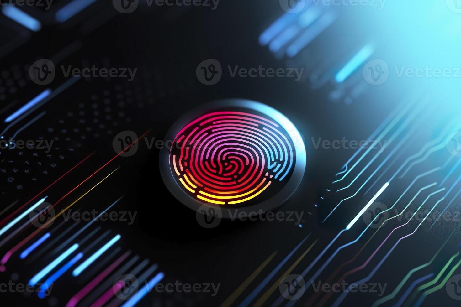 Fingerprint Authentication Button. Biometric Security. Identification and cyber security concept. Glowing neon fingerprint on dark background. photo