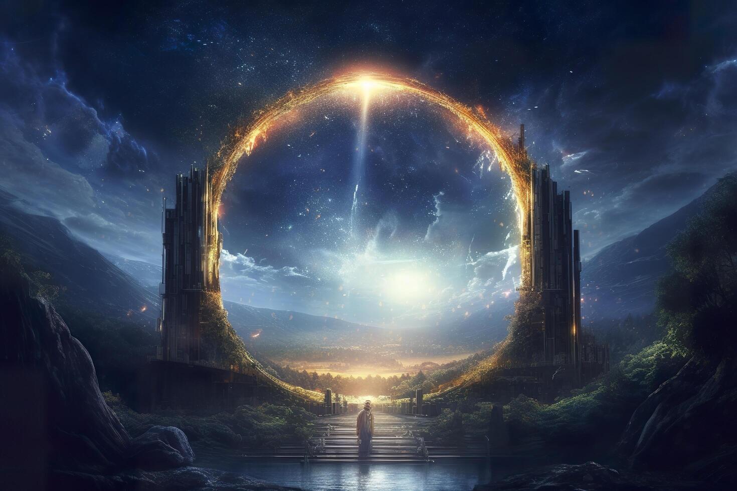 Portal to another world. Futuristic cosmic landscape with circle tunnel in starry sky. Gate in space futuristic background with galaxy and nebula. Created with photo