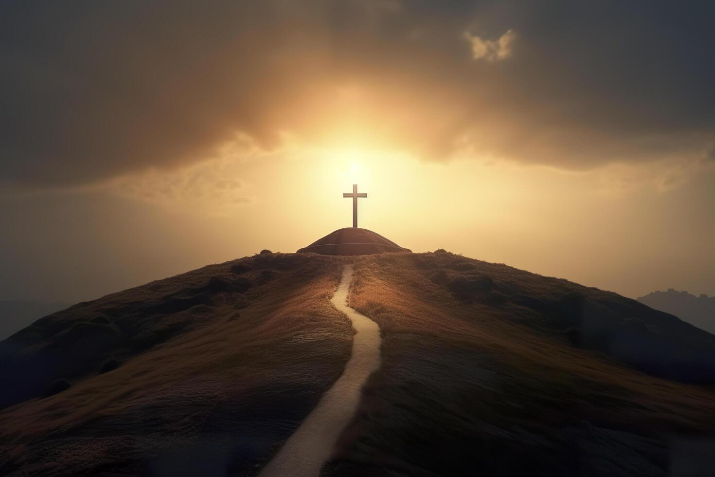 The cross of God in the rays of the sun. Cross on the hill. Religious concept. photo