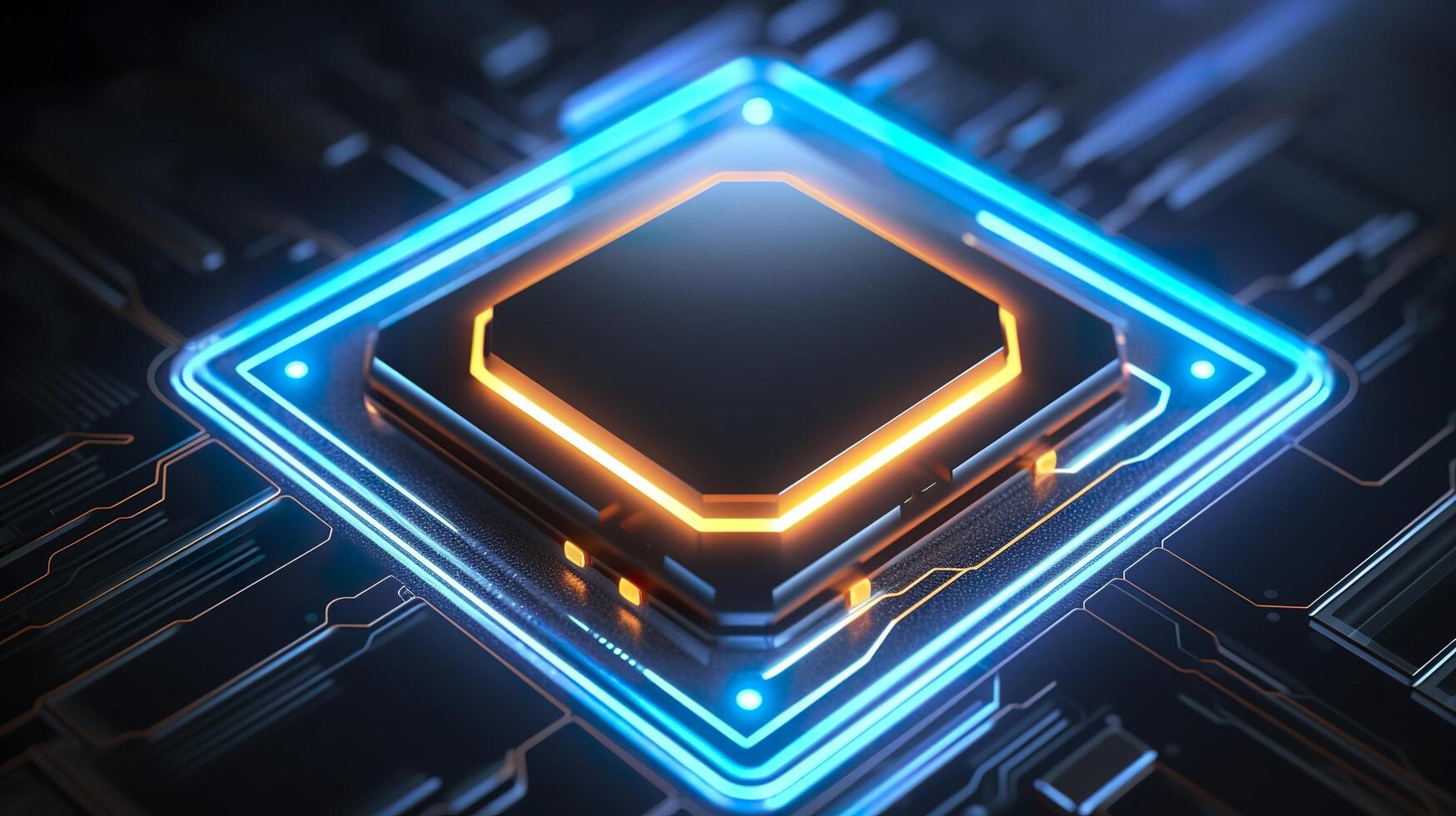 Top View of a Chip with Glowing Light and Fog in Orange and Blue. photo