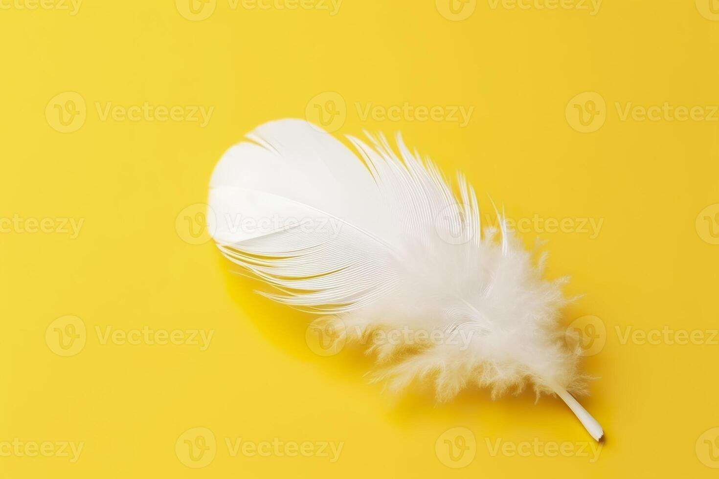 Close up of bright white feather. Copy space, yellow background. Fashion and Party concept. photo