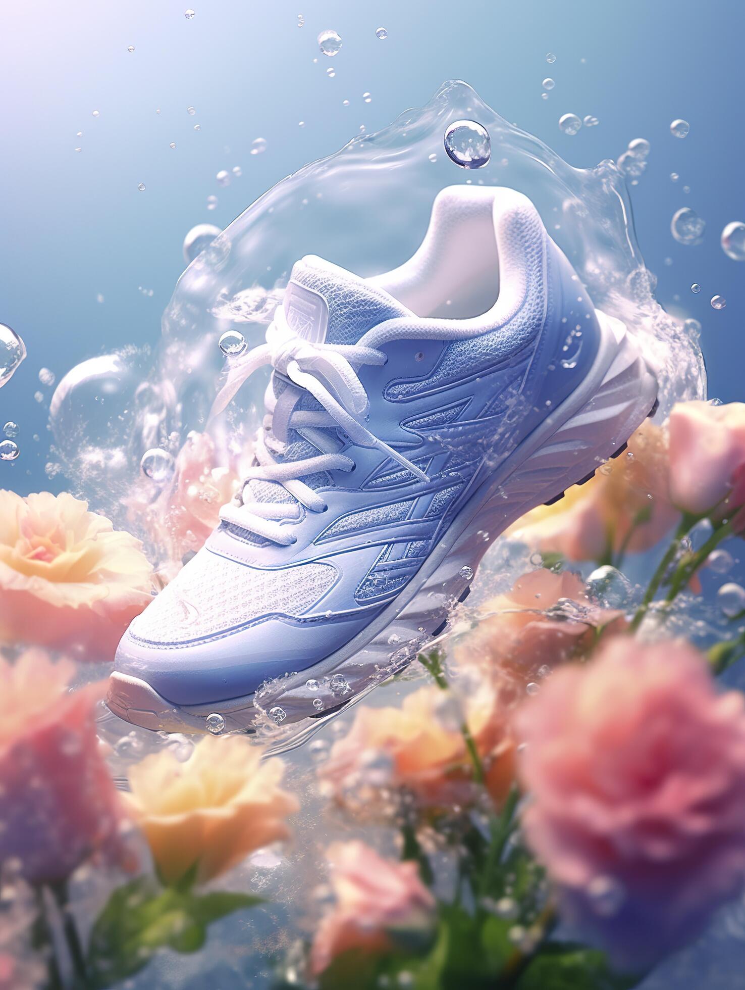 Sports shoes surrounded by transparent flowers, splashing with water