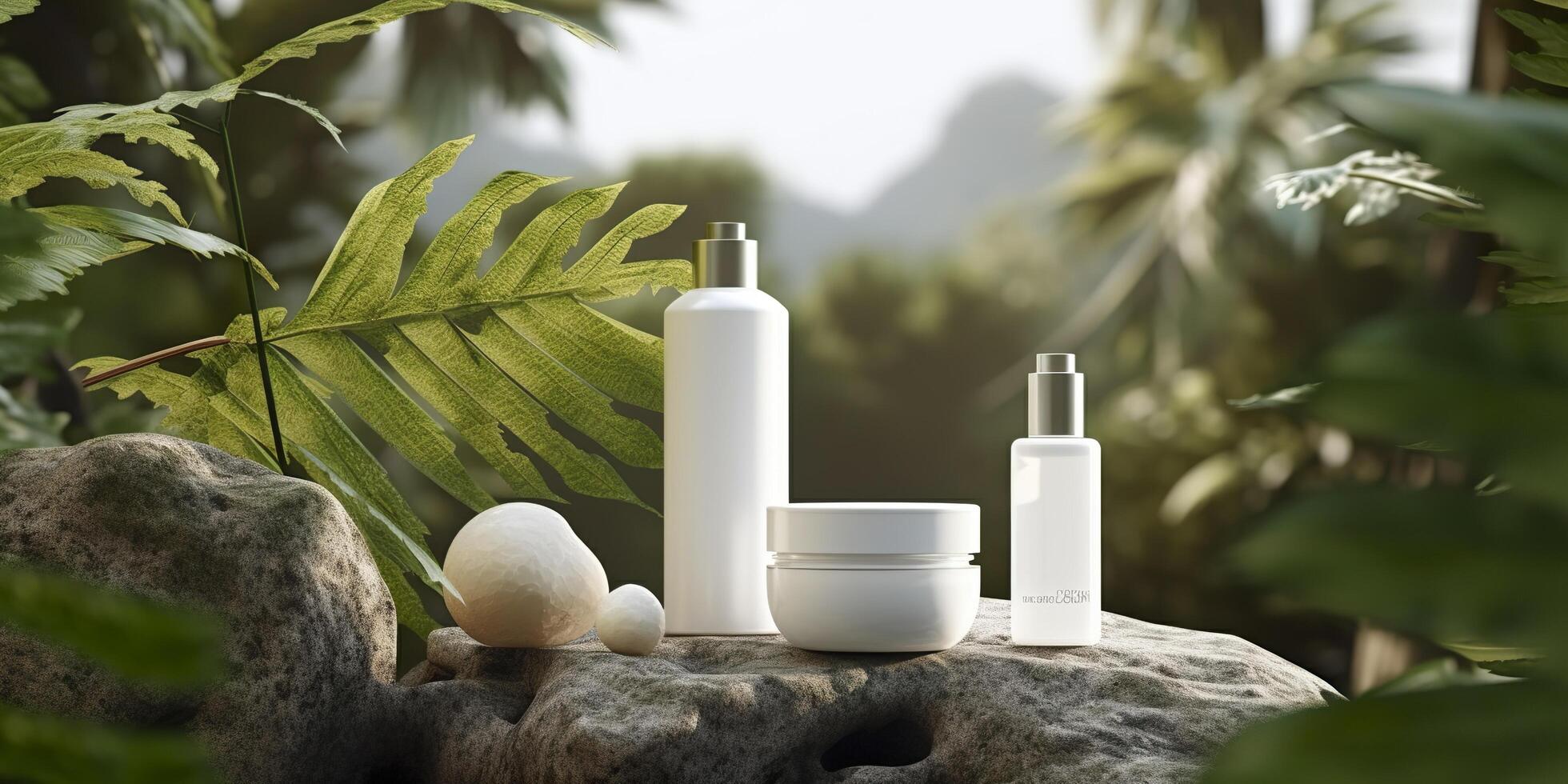 White Blank Cosmetics Mockup with natural theme background. photo
