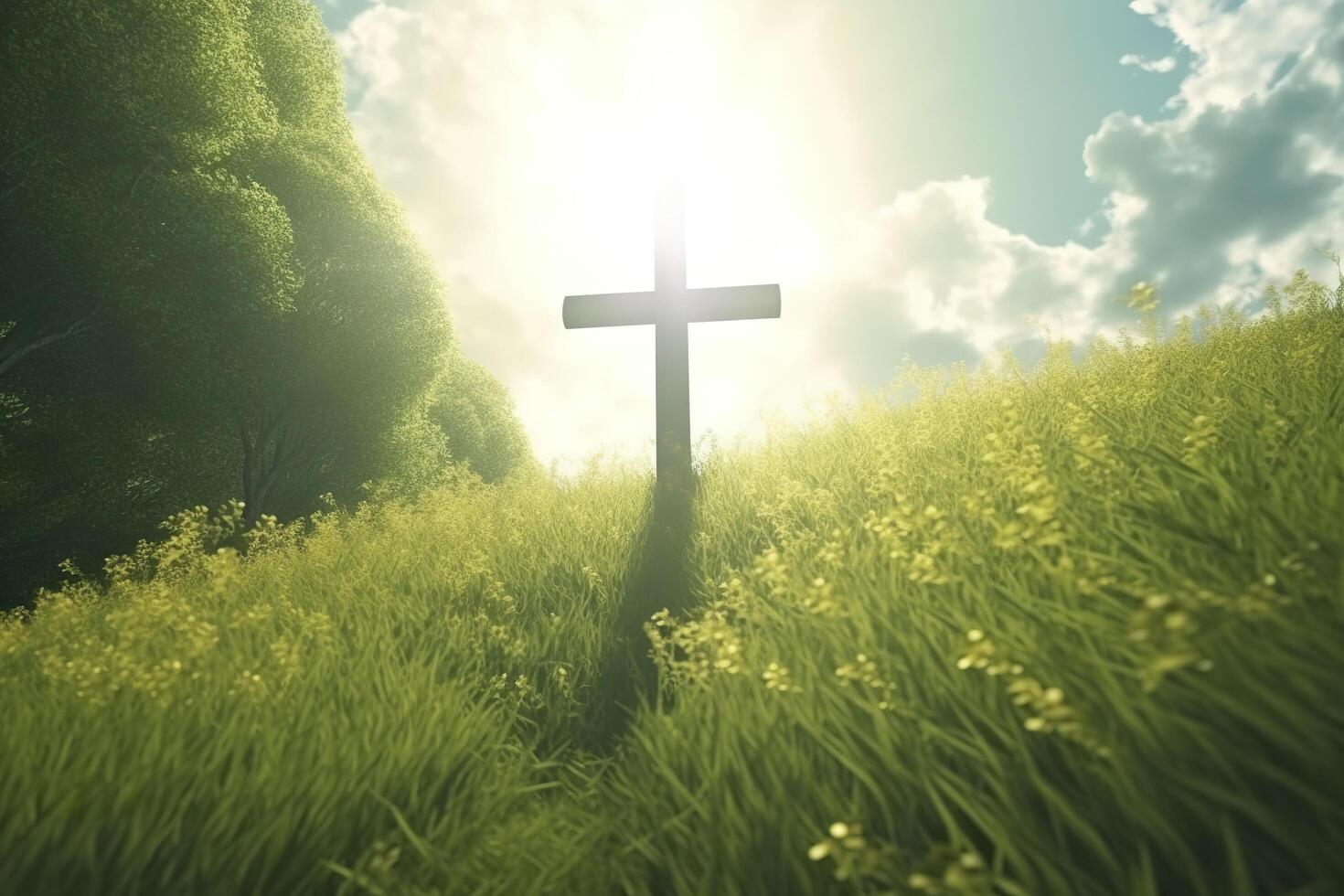 The cross of God with green Leaf, in the rays of the sun and blue sky. Cross on the hill with green trees and graeen natural view. Religious concept, photo