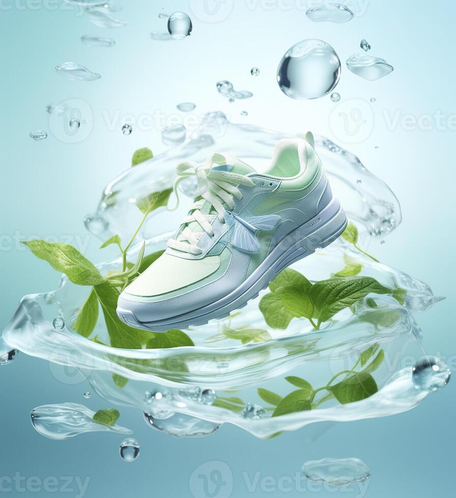 Fresh fly running shoes in water and wind in the style of natural patterns light white and light indigo ethereal illustration light blue and light green delicate still life. AI Generative photo