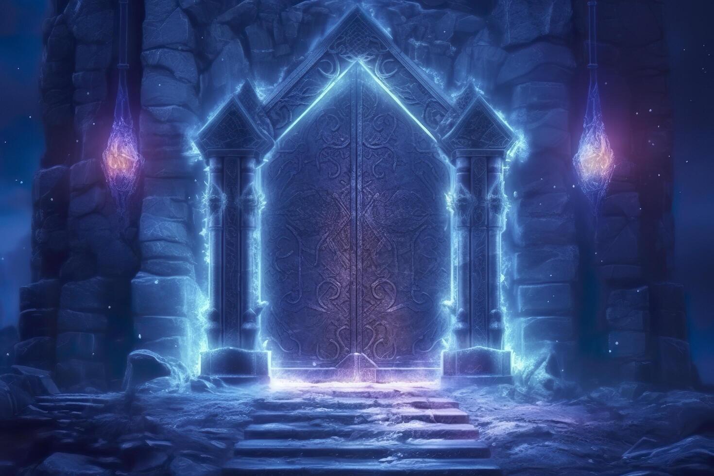 Fantasy night landscape with magical power, ancient stones with magical power and light, runes. Passage to another world, magic door, light, neon. photo