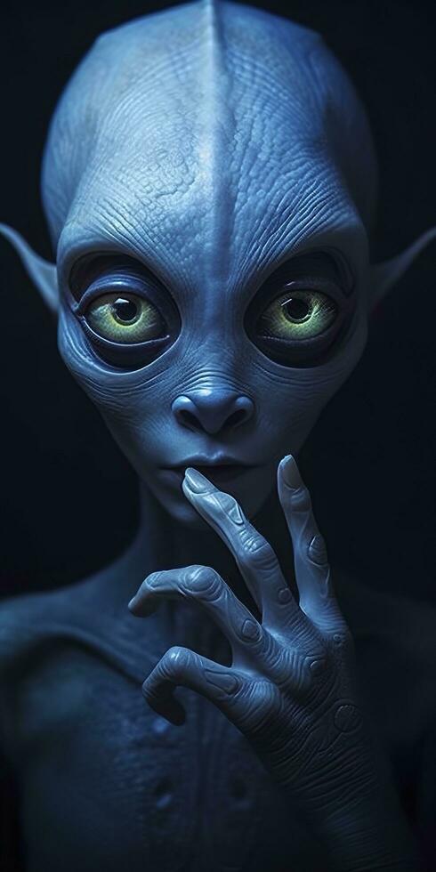 An extraordinary portrait of unknown adorable alien species over an alien finger, a style of high alien fashion. AI Generative photo