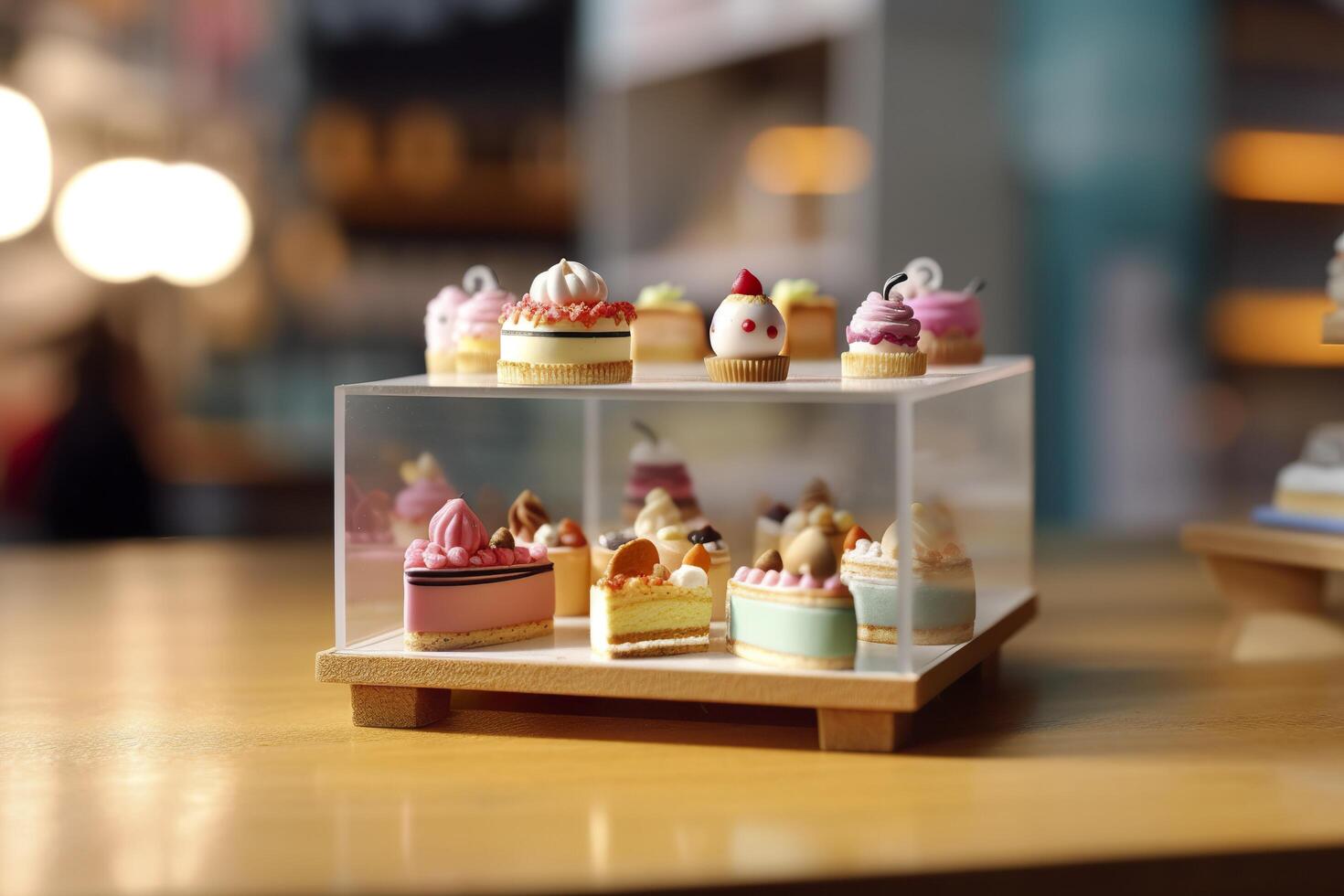 A Taste of Sweetness. A Pop Mart Blindbox Cake Shop with a Clean Background. photo