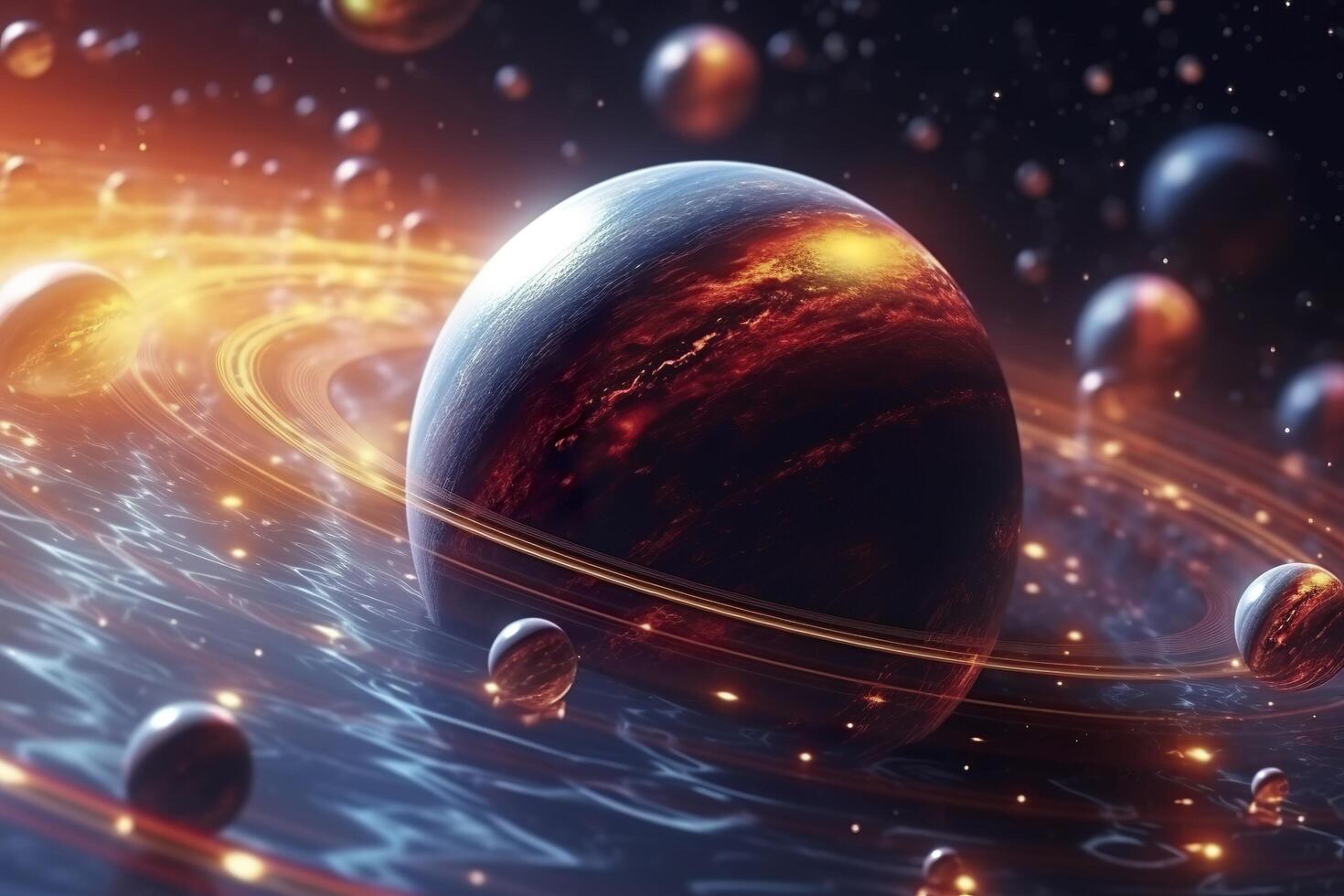 Our 3d Solar system with planets in orbits path. photo