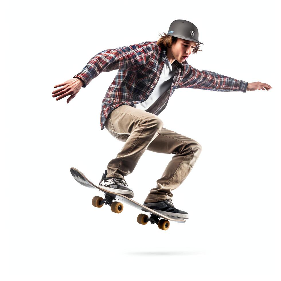 A caucasian man doing tricks or jumping on a skateboard at the street. Young man with skater jumping concept by photo