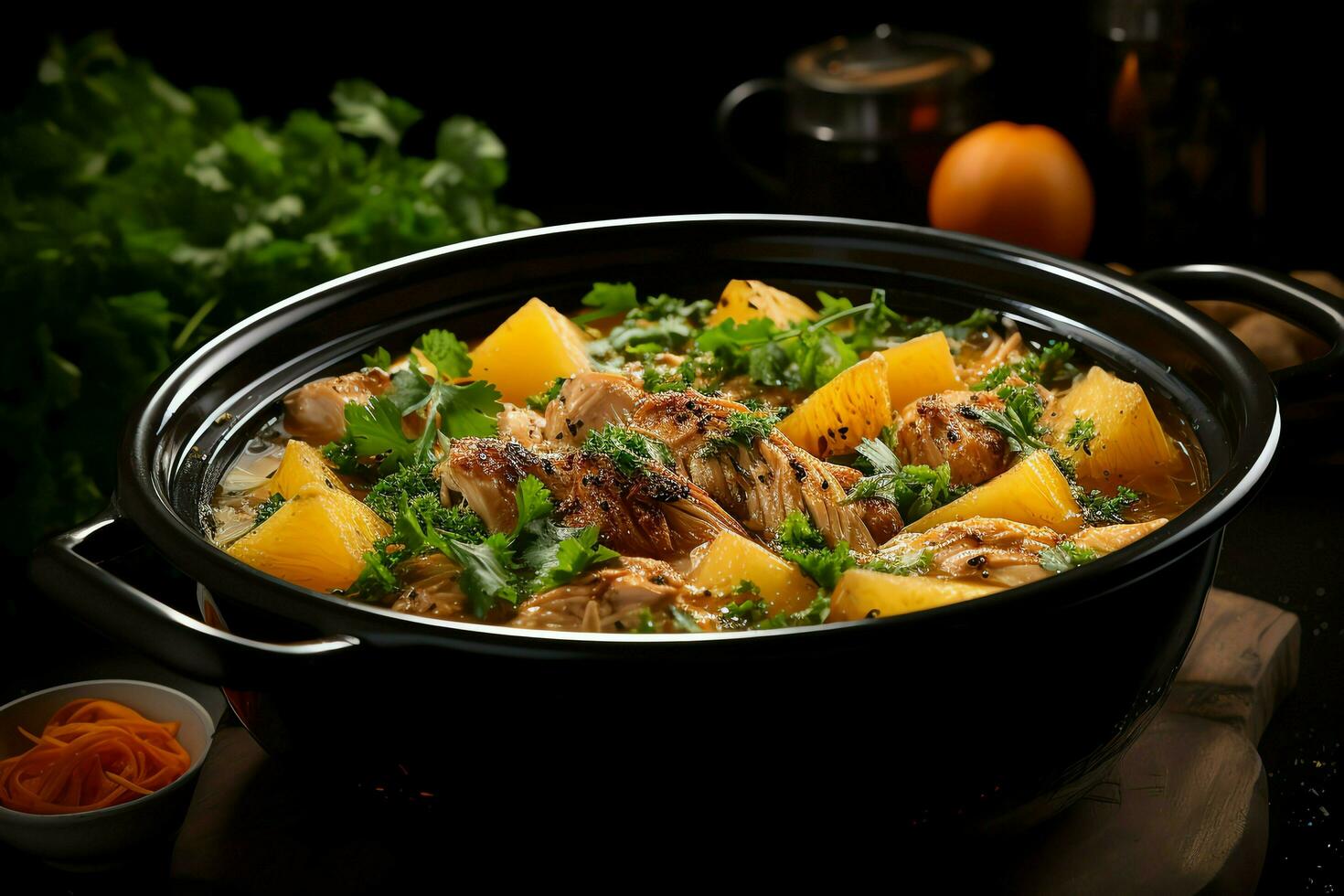 A delicious chicken soup food with vegetables in a bowl. Winter food and high protein soup meal concept by AI Generated photo
