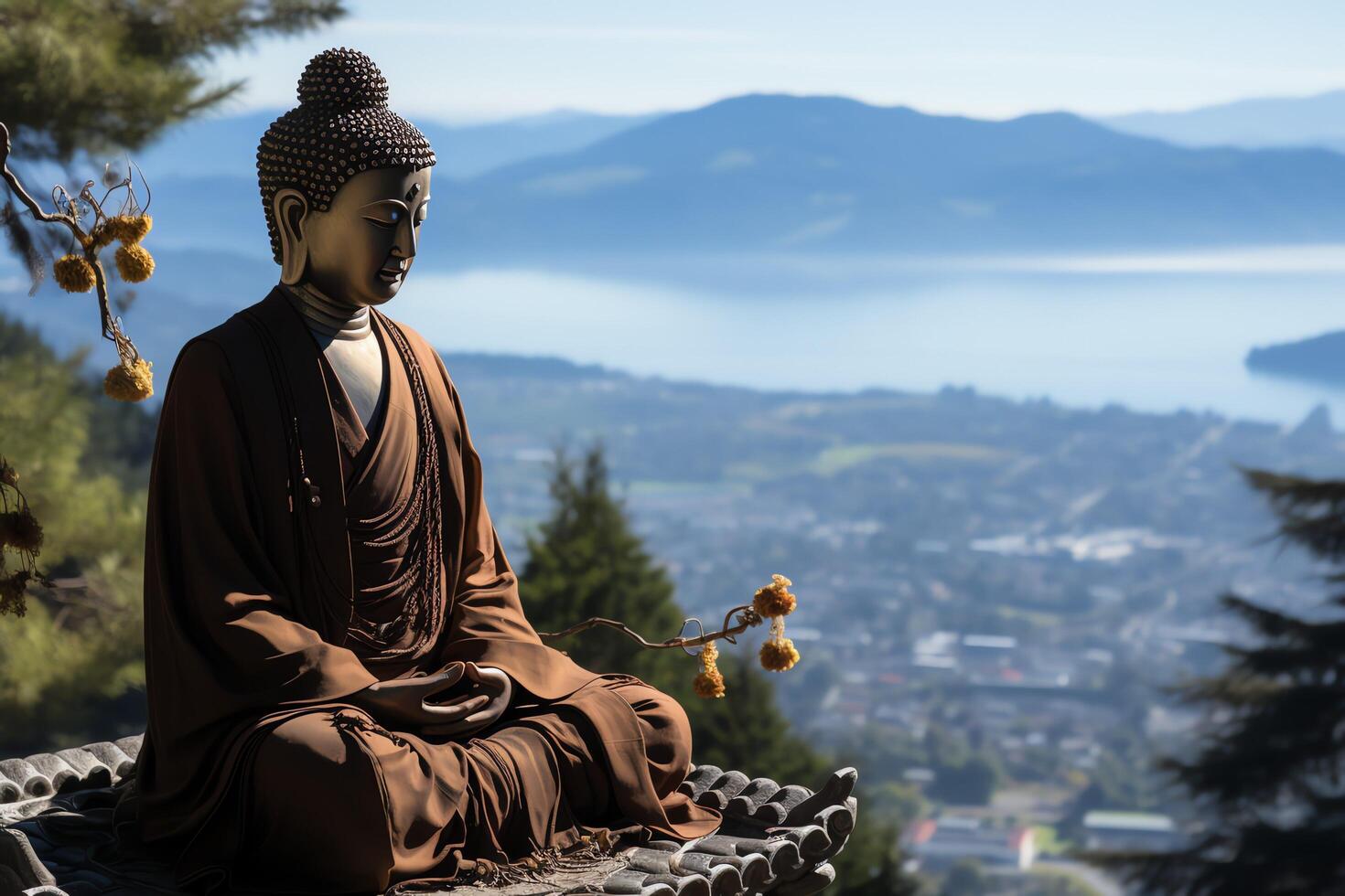 A buddha sits in the mountain with a lotus and candles. Background for vesak celebration. Vesak day concept. Vesak celebration day greetings concept by photo