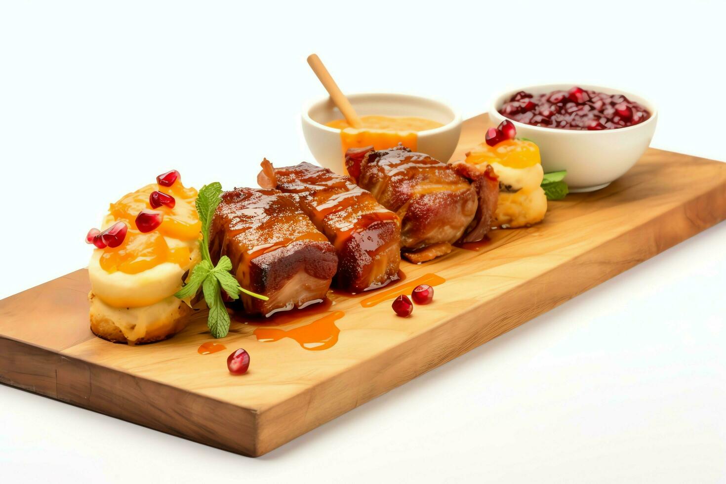 Pork belly braaivleis with mango and chili sauce served on a wooden plank. Restaurant food concept by AI Generated photo